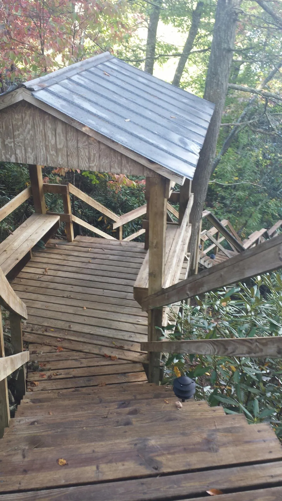 Metal roofed shelter over wooden steps on a wooded walkway — Skylight Repair & Installation work by our crew in Knob Noster